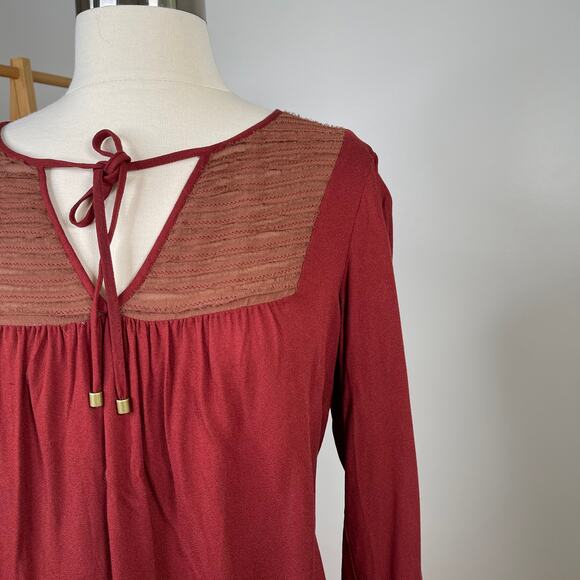 Ella Moss • Boho Peasant Red Blouse Tie Neck - Picture 5 of 8